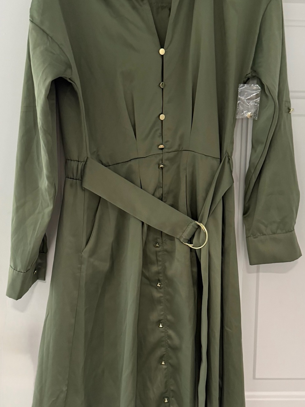 French Connection Olive Green Belted Shirt Midi Dress
